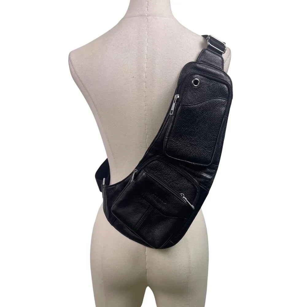 Yi Ang Men’s Black Faux Leather Multiple Zipper Pockets Crossbody Sling Bag